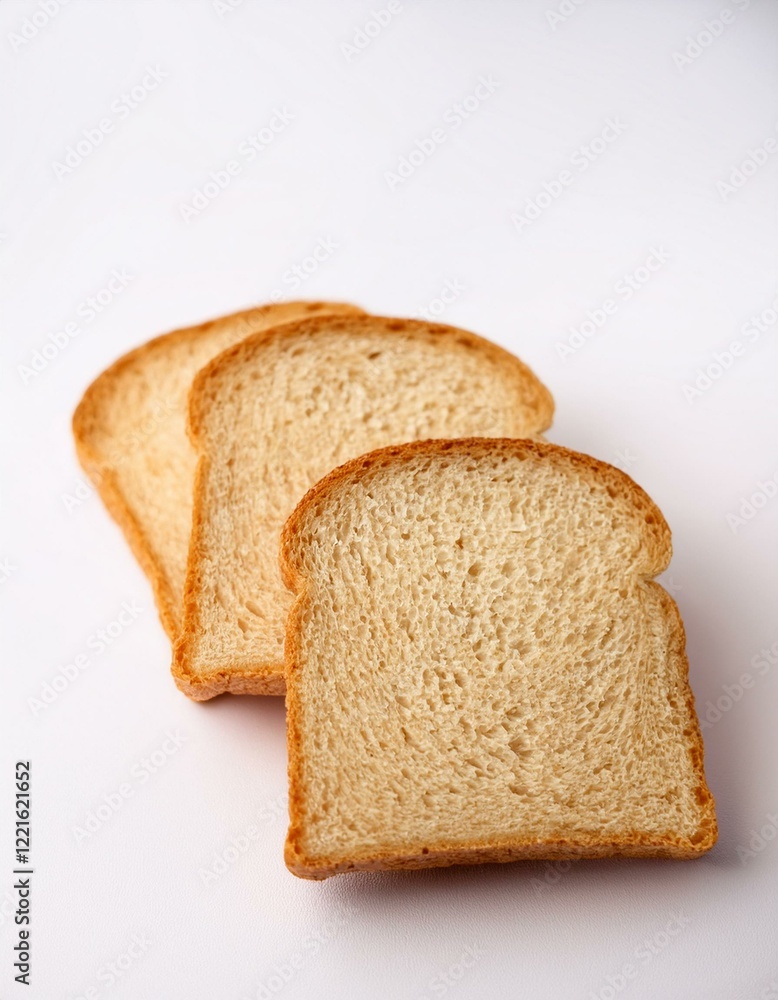 Three slices of toasted bread, light brown, and slightly crisp, rest on a white background. Three slices of toasted bread, light brown, and slightly crisp, rest on a white background.