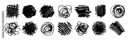 Brush and crayon scribble. Paint texture vector. Grunge stroke, chalk or charcoal background. Black pastel crayon or brush kid scribble shape set. Marker or ink spot, stain, splash texture drawing bg