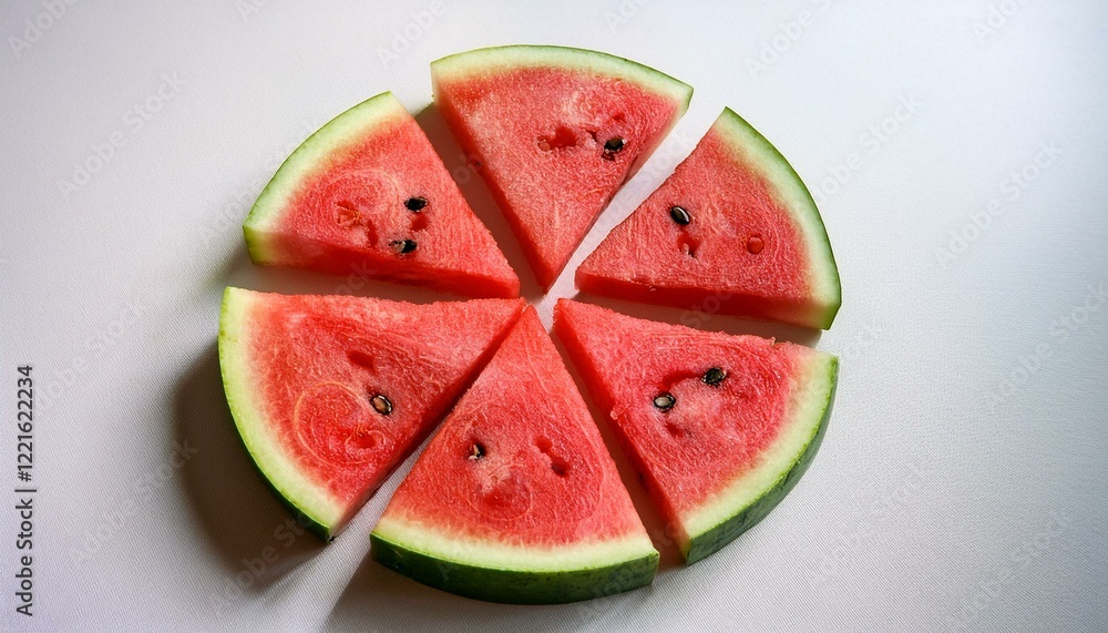 Refreshing watermelon slices arranged in a circle on a white background. Refreshing watermelon slices arranged in a circle on a white background.