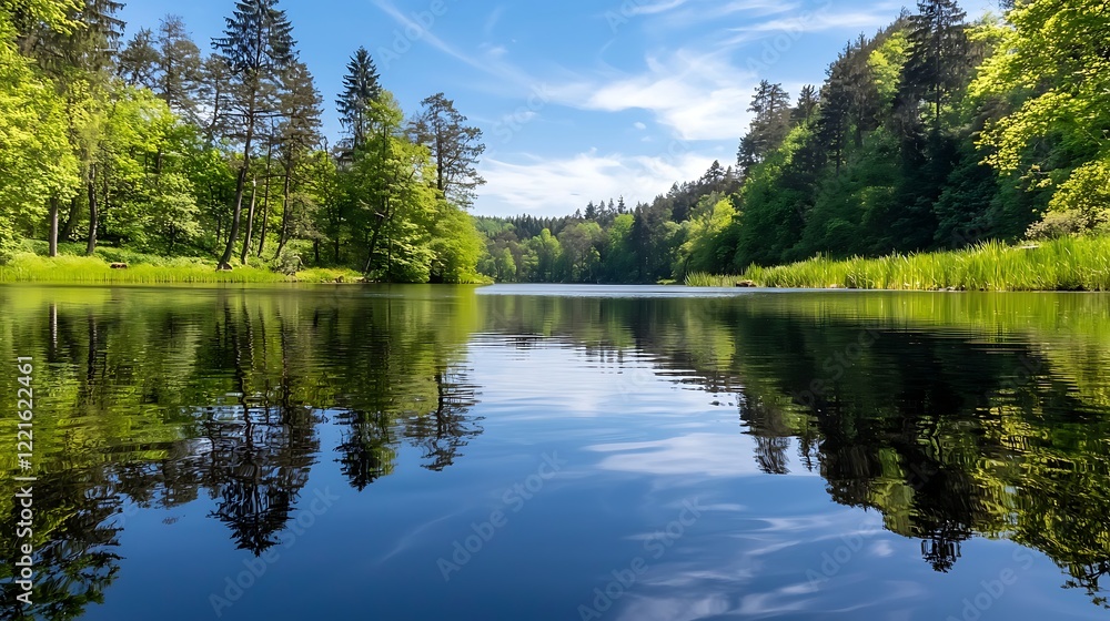 Obraz premium Serene lake reflection, green forest, sunny day, nature scene