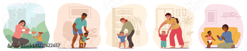 Happy parents rejoicing of first kids steps and physical development isolated cartoon scene