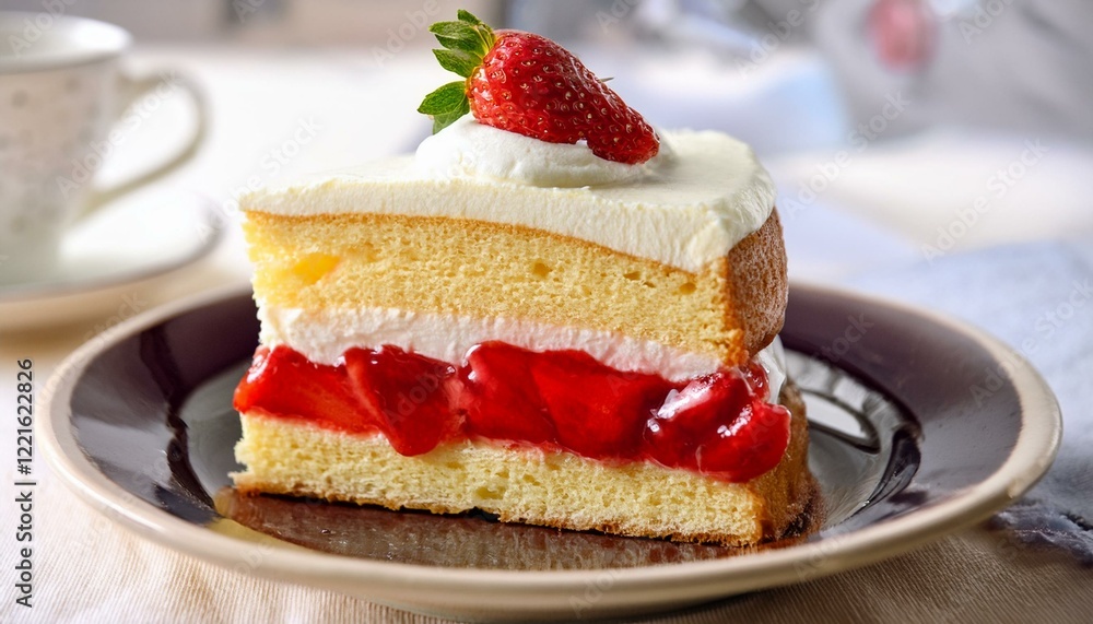 A delicious slice of strawberry shortcake, perfect for a sweet treat. A delicious slice of strawberry shortcake, perfect for a sweet treat.
