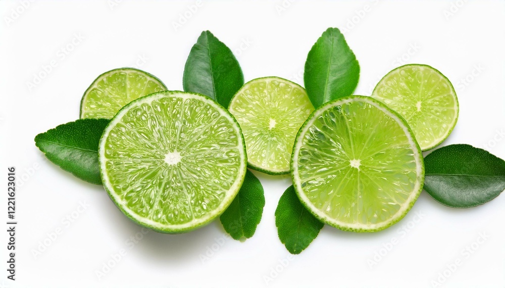 Fresh lime slices with vibrant green leaves. Fresh lime slices with vibrant green leaves.