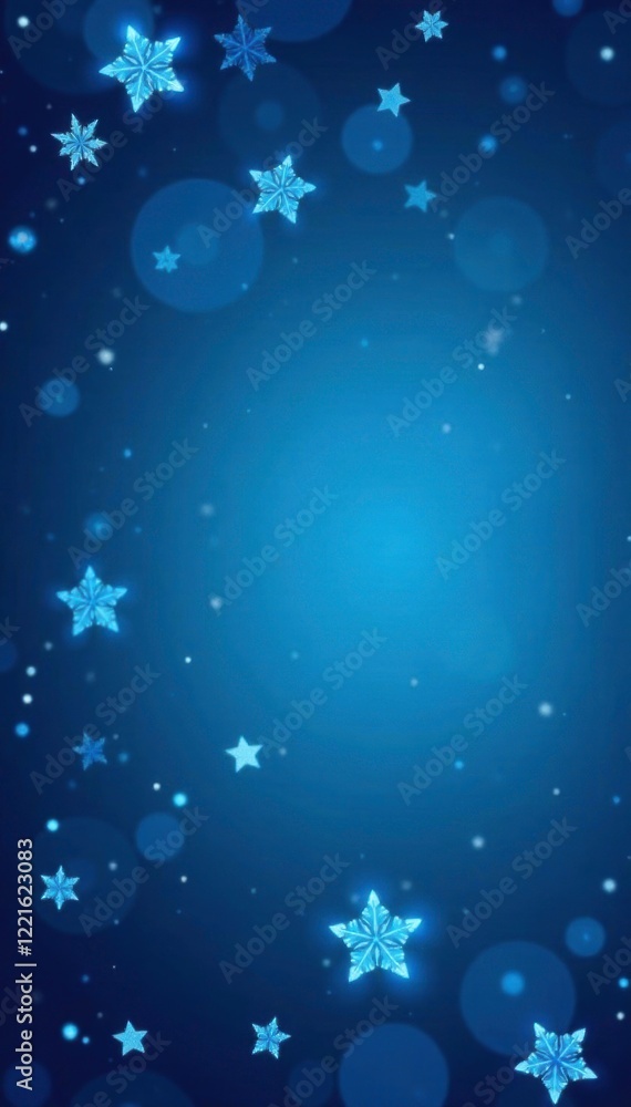 Fototapeta premium Holiday blue background with scattered bokeh stars and snowflakes, snowflakes, stars