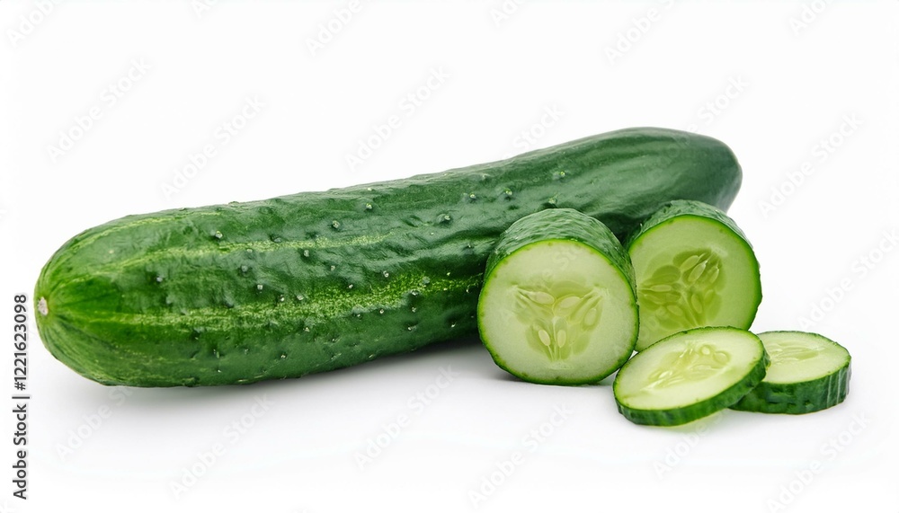 Fresh green cucumber, sliced and whole. Fresh green cucumber, sliced and whole.