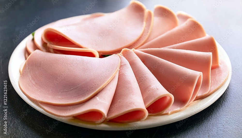 Thinly sliced pale pink deli meat arranged on a white plate. Thinly sliced pale pink deli meat arranged on a white plate.