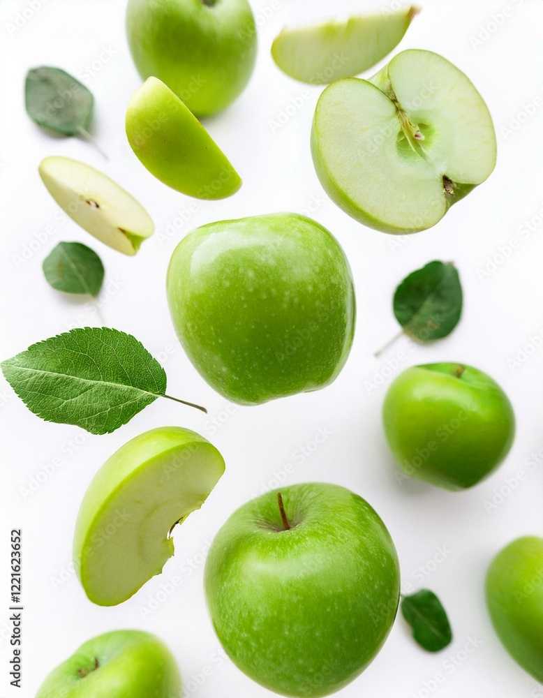 Green apples falling against white background. Green apples falling against white background.