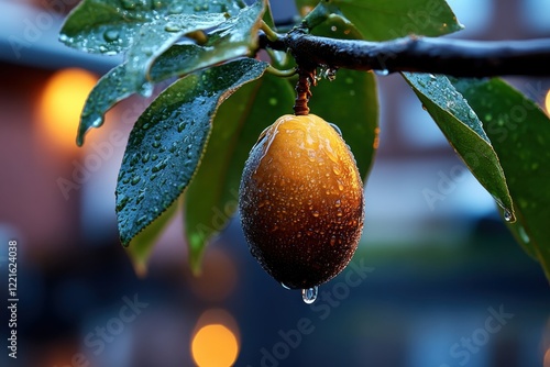 An exquisite shot of an avocado hanging on a tree branch, adorned with droplets, inviting a sense of freshness and natural appeal inherent in organic farming. photo