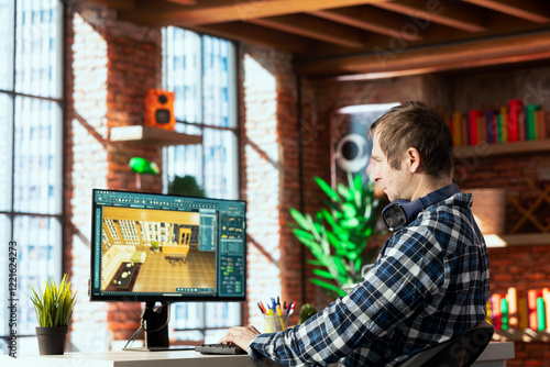 Interior designer working from home uses architectural app on computer to help customers with remodeling job commission. Remote worker at home preparing final architectural preview for clients on PC photo