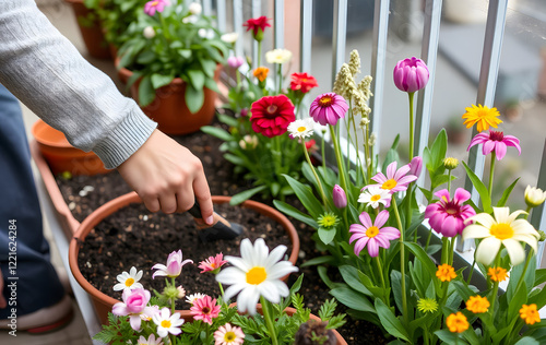 Planting of various springtime flowers in balcony garden