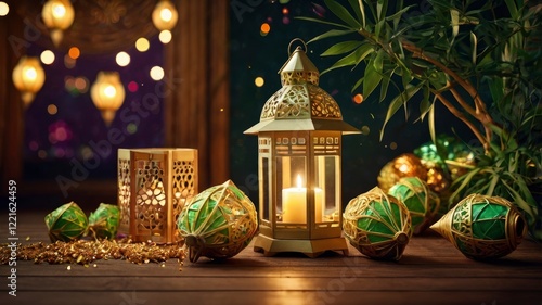 A festive scene featuring a ketupat alongside decorative lanterns, both adorned with sparkles, in a flat illustration style, symbolizing the celebration of Eid al-Fitr

