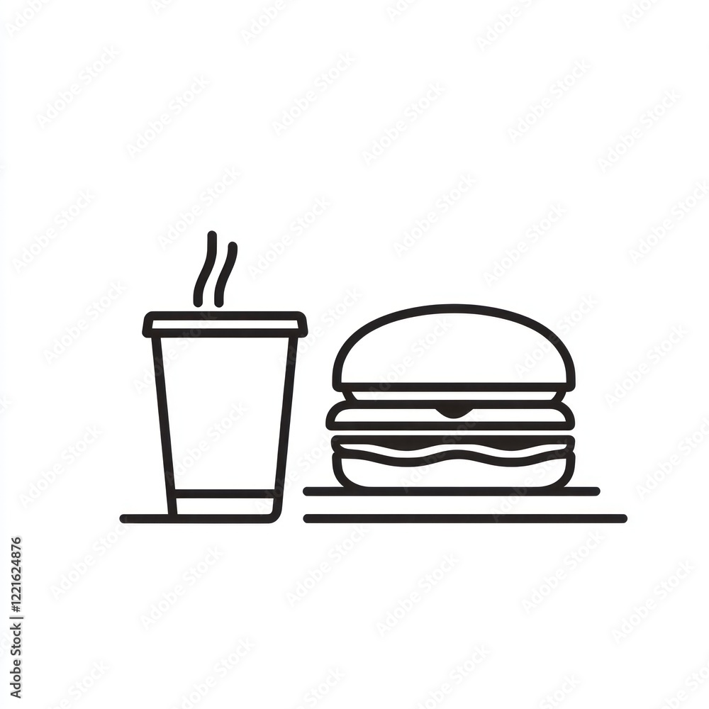 Simple outline of coffee cup and burger. Illustration of fast food Simple outline of coffee cup and burger. Illustration of fast food