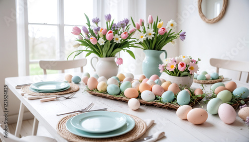 Wallpaper Mural A cozy Easter table setting with pastel eggs and festive decorations with flowers Torontodigital.ca
