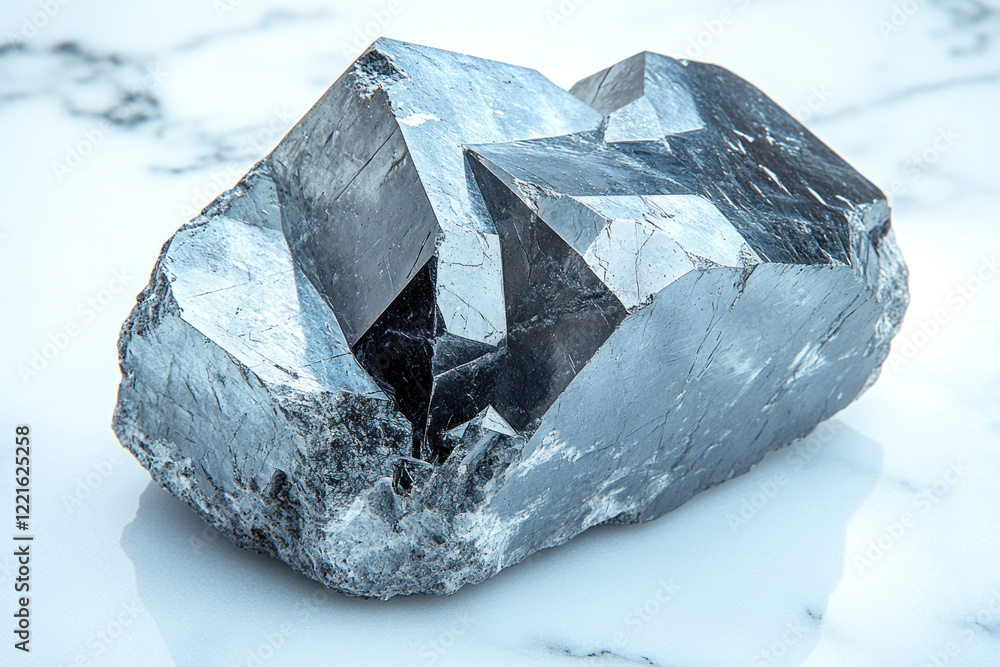 a mineral crystal in its natural form. The stone has a shiny metallic surface with a gray-black tint and clear geometric edges. a mineral crystal in its natural form. The stone has a shiny metallic surface with a gray-black tint and clear geometric edges.