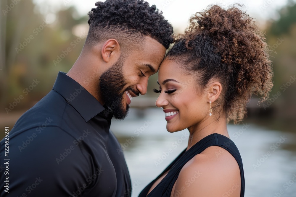 A couple sharing an intimate moment with their foreheads touching by the water, highlighting deep romantic connection, tenderness, and unity in nature's beauty. A couple sharing an intimate moment with their foreheads touching by the water, highlighting deep romantic connection, tenderness, and unity in nature's beauty.