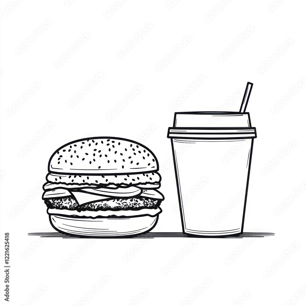 Simple Line Art Hamburger and Drink Simple Line Art Hamburger and Drink