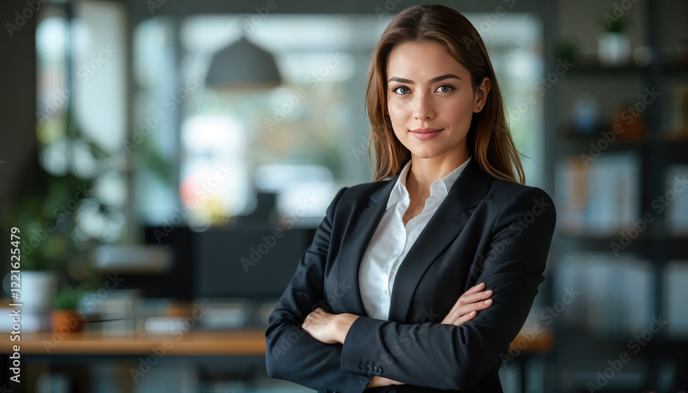 A successful businesswoman with a determined expression, standing confidently in her office with her arms crossed, looking at the camera with a focused gaze A successful businesswoman with a determined expression, standing confidently in her office with her arms crossed, looking at the camera with a focused gaze