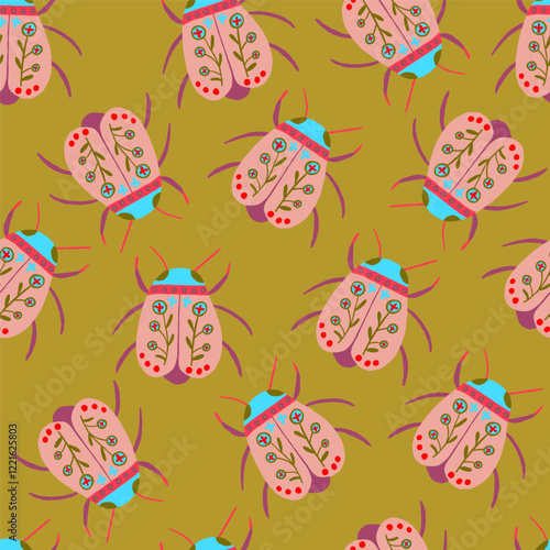 Stylish pattern featuring bugs with floral elements on a golden, yellow-green background. A complex and elegant design with folk art vibes, perfect for textiles, wallpapers, and creative projects