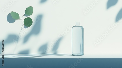 A bottle of water rests on a table, containing a plant, showcasing a natural and refreshing indoor arrangement.