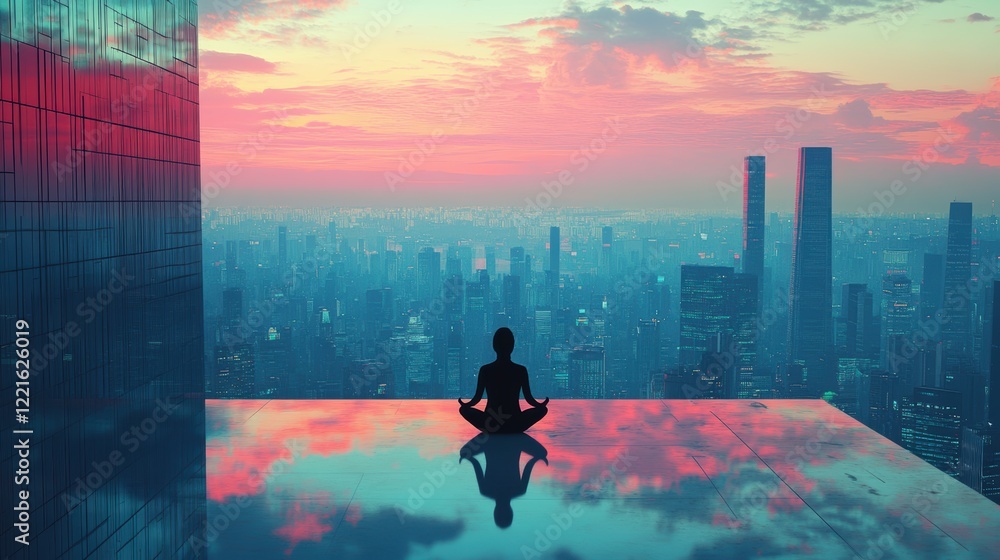 Fototapeta premium Arafed person sits on a ledge, gazing at a city skyline bathed in the warm hues of a sunset, capturing a moment of reflection and tranquility.