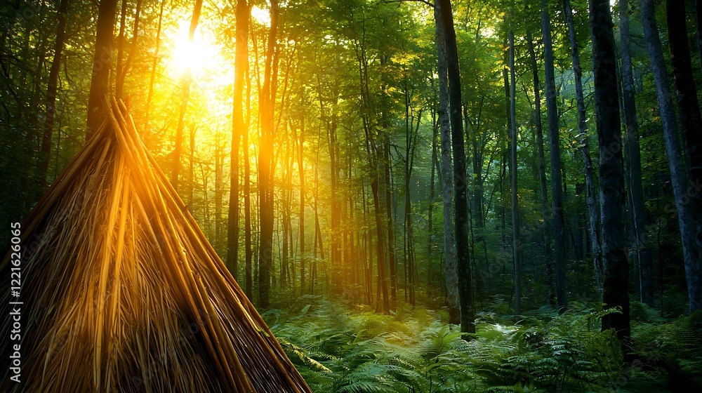 Fototapeta premium Sunlit forest path, ferns, morning light, tranquil nature scene, eco-tourism