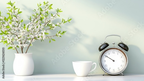 A clock and a cup rest on a table beside a vase, creating a simple yet elegant tabletop arrangement.