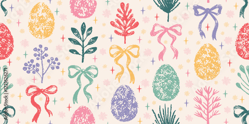 Easter eggs with bow and plant pattern. Seamless crayon background. Vector for Happy Easter holiday. Spring doodle decoration with bow ribbon, flower, egg. Childish chalk crayon bg. Cute seamless bg