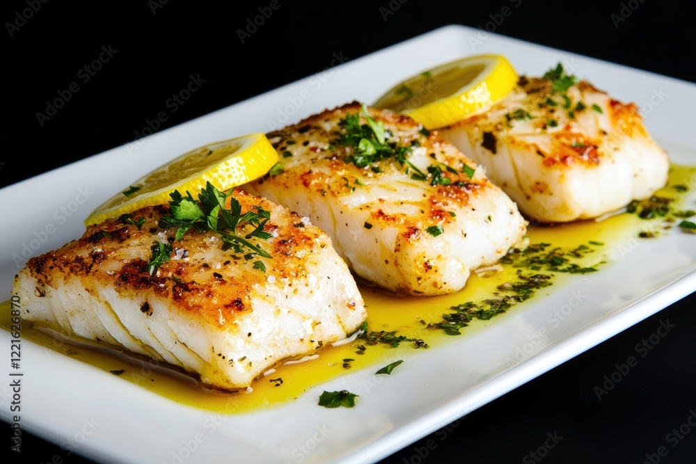 Baked Cod with Lemon and Garlic on black background Baked Cod with Lemon and Garlic on black background