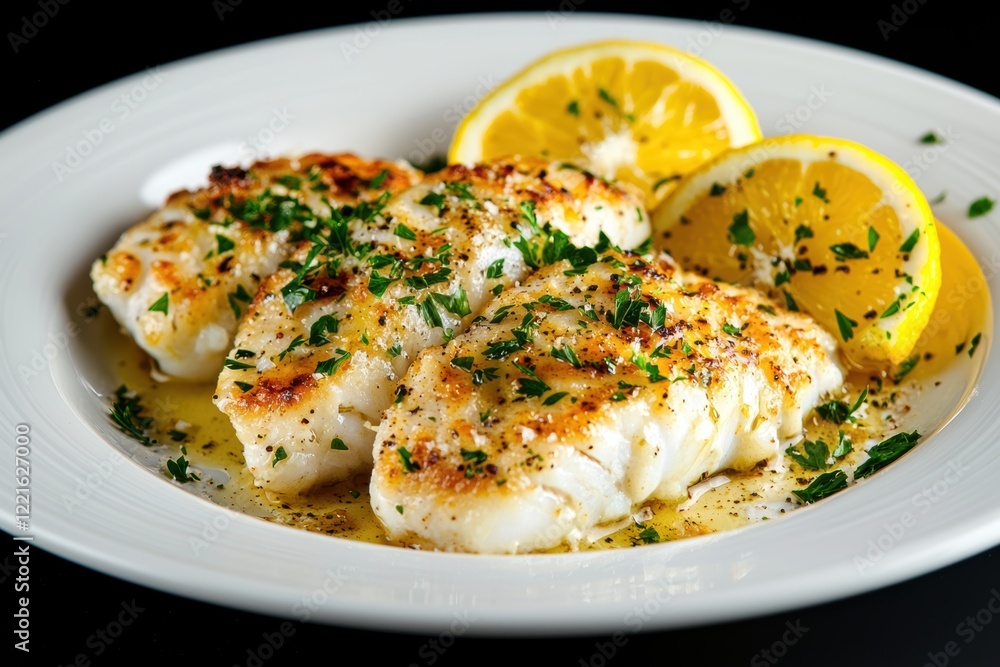 Baked Cod with Lemon and Garlic on black background Baked Cod with Lemon and Garlic on black background