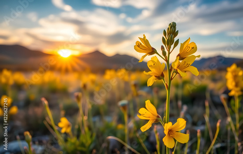 Scenic image of Mule Ear wildflowers at sunrise in the Wasatch mountains of northern Utah