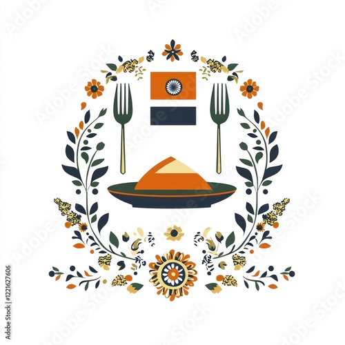 Indian food illustration, floral wreath, decorative plate photo