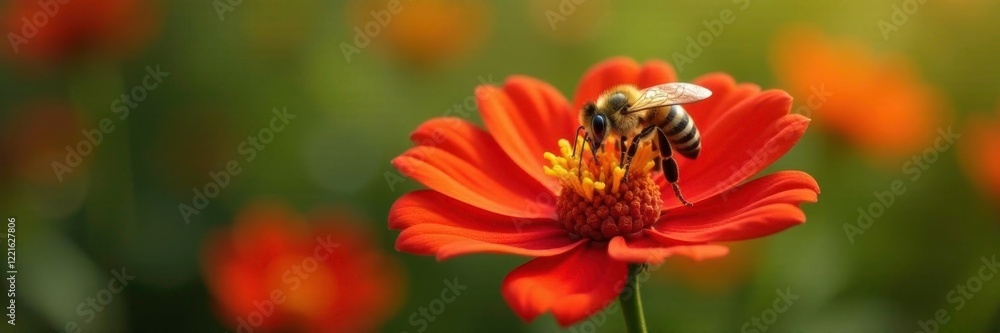 Fototapeta premium Honeybee collecting nectar from a single red flower, natural world, bee