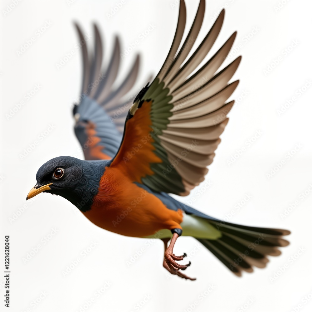 Fototapeta premium Isolated American robin in flight. Detailed view of wings, feathers. Bird in mid-air. Nature scene. Spring summer. Macro view. Wildlife photo. Beautiful bird in action. Detailed illustration of
