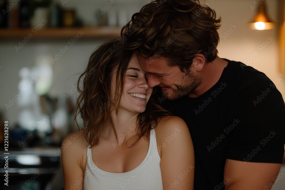 A loving couple sharing a joyful moment together, showcasing warmth and happiness in a cozy kitchen filled with soft light and an inviting atmosphere for connection and love. A loving couple sharing a joyful moment together, showcasing warmth and happiness in a cozy kitchen filled with soft light and an inviting atmosphere for connection and love.