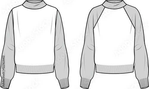Color Block Jumper- Technical fashion illustration. Front, white and grey color. Women's CAD mock-up.
