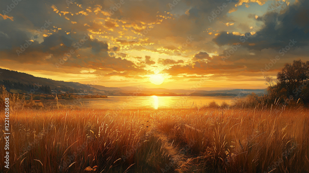 Fototapeta premium Golden Sunset over Calm Water and Grassy Field