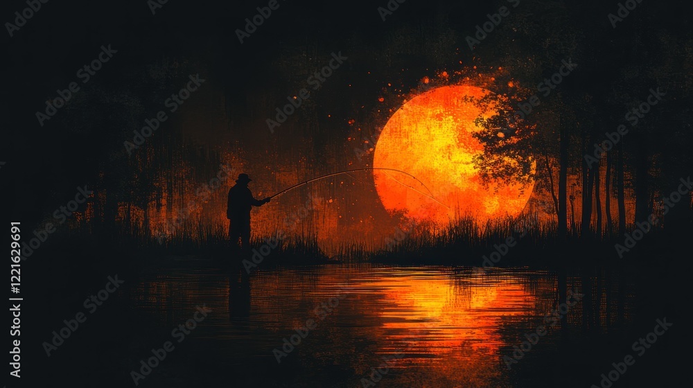 Fototapeta premium Solitary Fisherman Under a Crimson Moon
