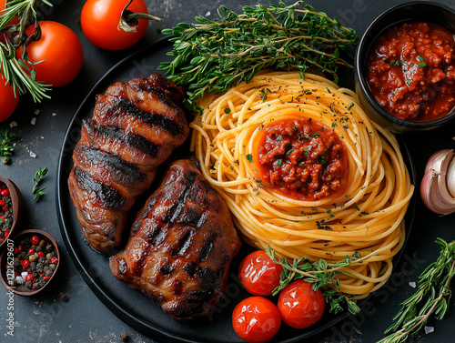 Mesa (vista superior) com prato de espaguete ao molho de tomate, com carne assada. e especiarias ao redor. photo