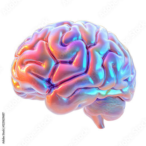 Colorful 3D rendering of a human brain showcasing artistic and scientific representation in a creative style isolated on a transparent background
