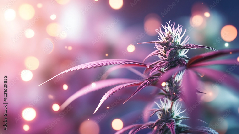 Close up view of a plant with purple hues, illuminated by a soft, warm light with bokeh effect. The image evokes a sense of serenity and mystery. Close up view of a plant with purple hues, illuminated by a soft, warm light with bokeh effect. The image evokes a sense of serenity and mystery.