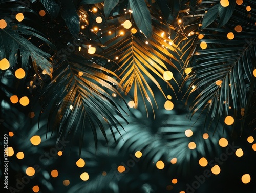 Tropical leaves, glowing lights, bokeh, night, party background