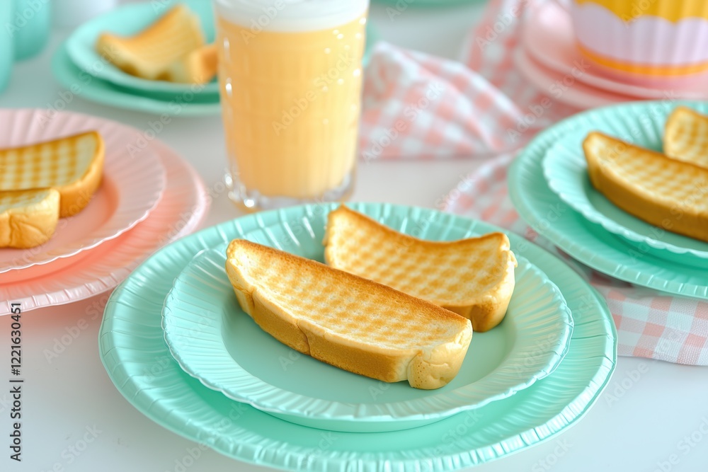 Toasted bread slices on pastel plates light breakfast scene Toasted bread slices on pastel plates light breakfast scene