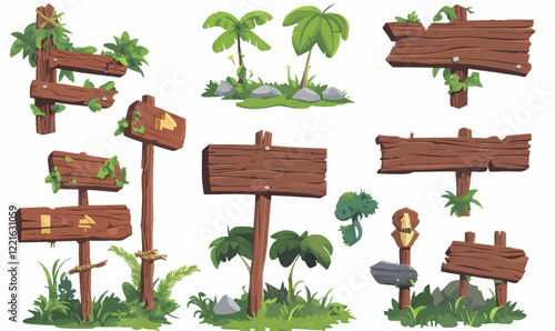 Jungle-Themed Cartoon Game Panels with Wooden Signs and Forest Plants