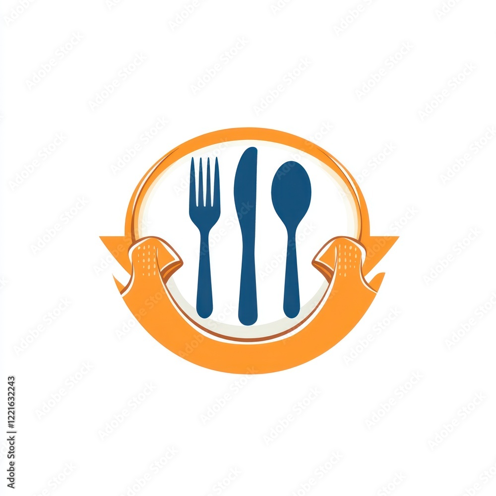 Restaurant logo design with cutlery and ribbon