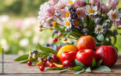 spring background. fruit flowers on wooden table