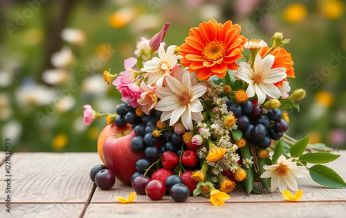 spring background. fruit flowers on wooden table