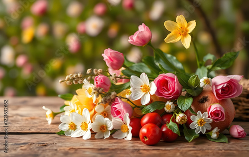 spring background. fruit flowers on wooden table