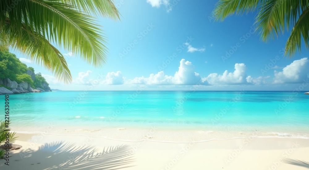 Obraz premium Arafed view of a beach with a boat and palm trees