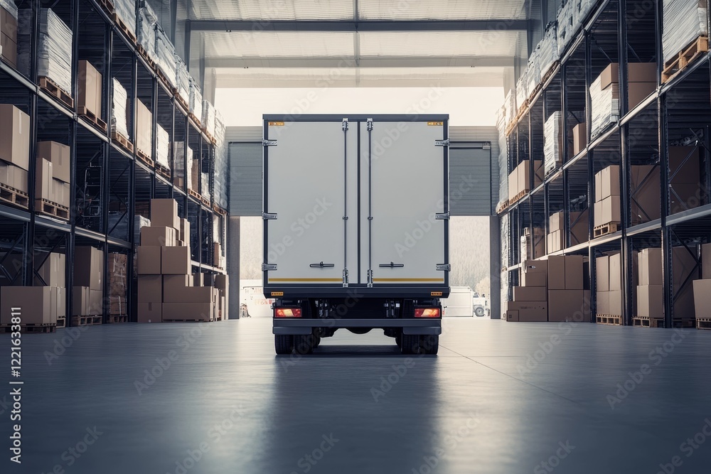 modern truck that stands against a background of an industrial warehouse with boxes modern truck that stands against a background of an industrial warehouse with boxes