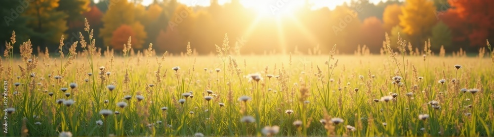 Arafed field of grass with a sun shining through the trees Arafed field of grass with a sun shining through the trees